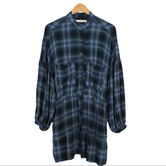 Free People We the Free By The Way Navy Plaid Puffed Sleeved Mini Dress Size S - Picture 4 of 7